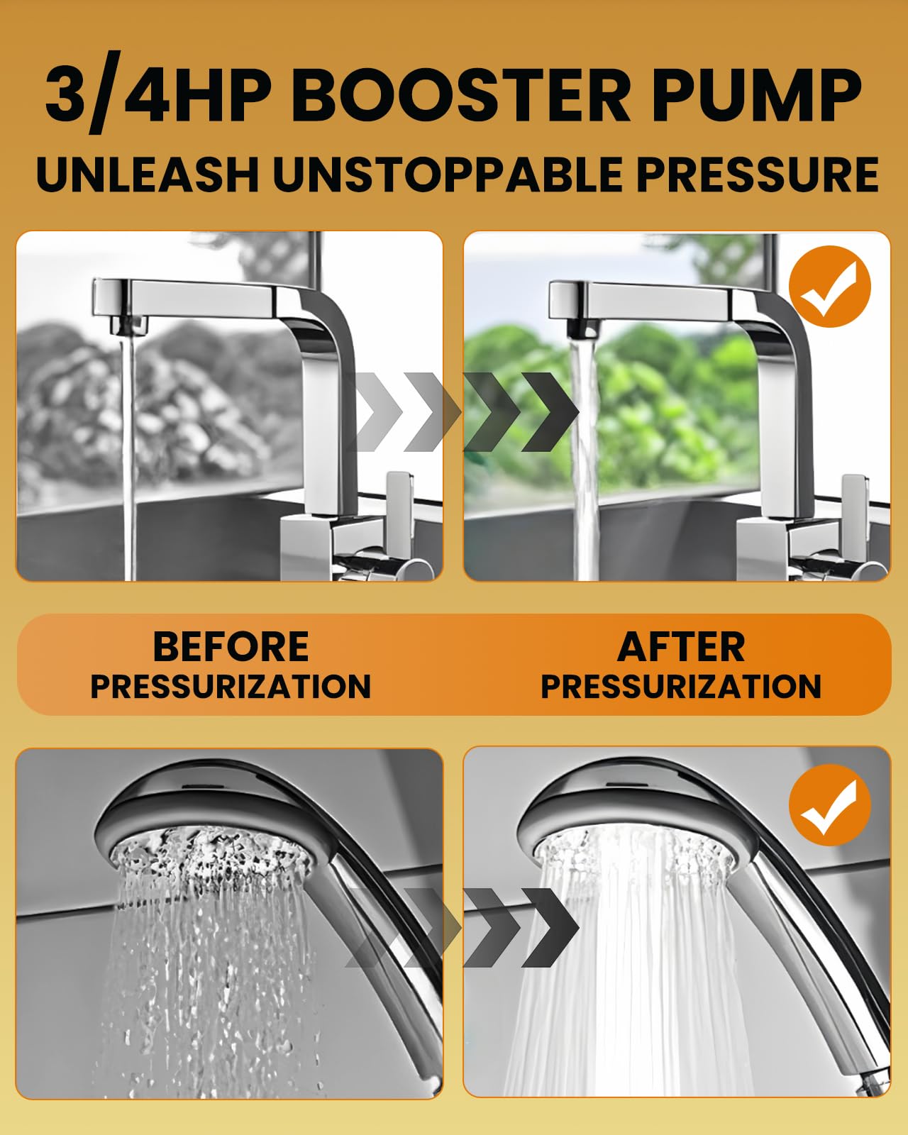 Moonshan 3/4 HP Shallow Well Booster Pump with Pressure Tank 1050GPH Auto ON/OFF Water Pressure Booster Self-Priming Stainless Steel Automatic Booster System for Whole House, Garden, Lawn