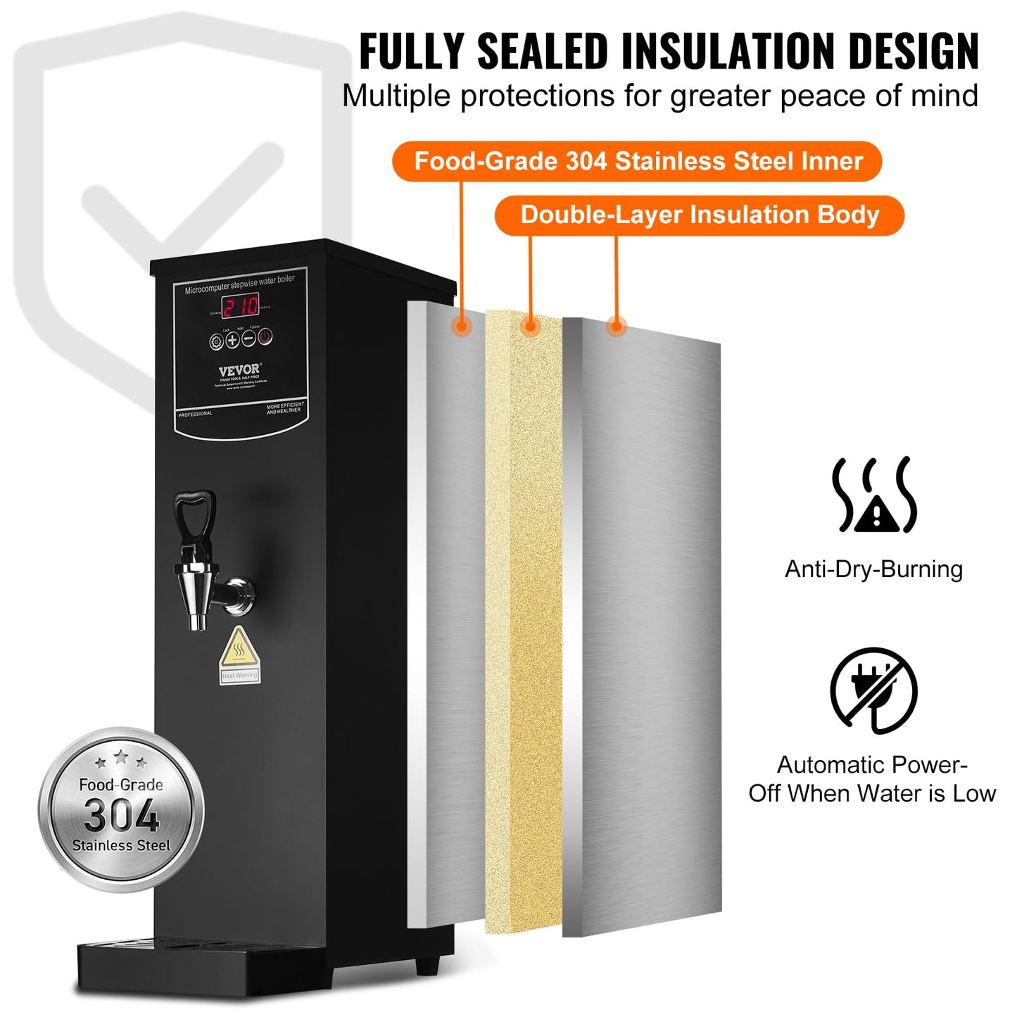 VEVOR Commercial Water Boiler, 15L Electric Hot Water Dispenser with 316 Stainless Steel Heating Tube, 1500W Step-by-step Fast Heating 50L/H Hot Water Boiler, for Coffee Tea Restaurant Office