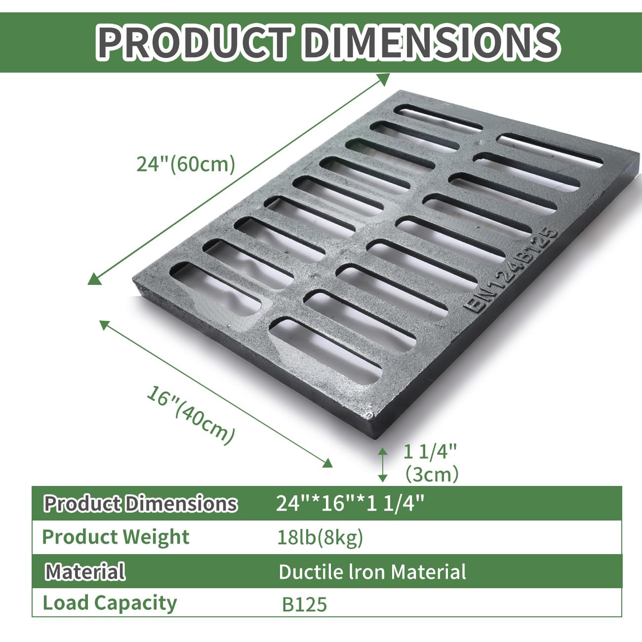 Cast Iron Drain Grate, 24in*16in Heavy Duty Outdoor Drain Cover, B125 Class Channel Grate, Metal Sewer Grate, Black Square Drainage Grate for Concrete Floor, Yard, Driveway & Garage.