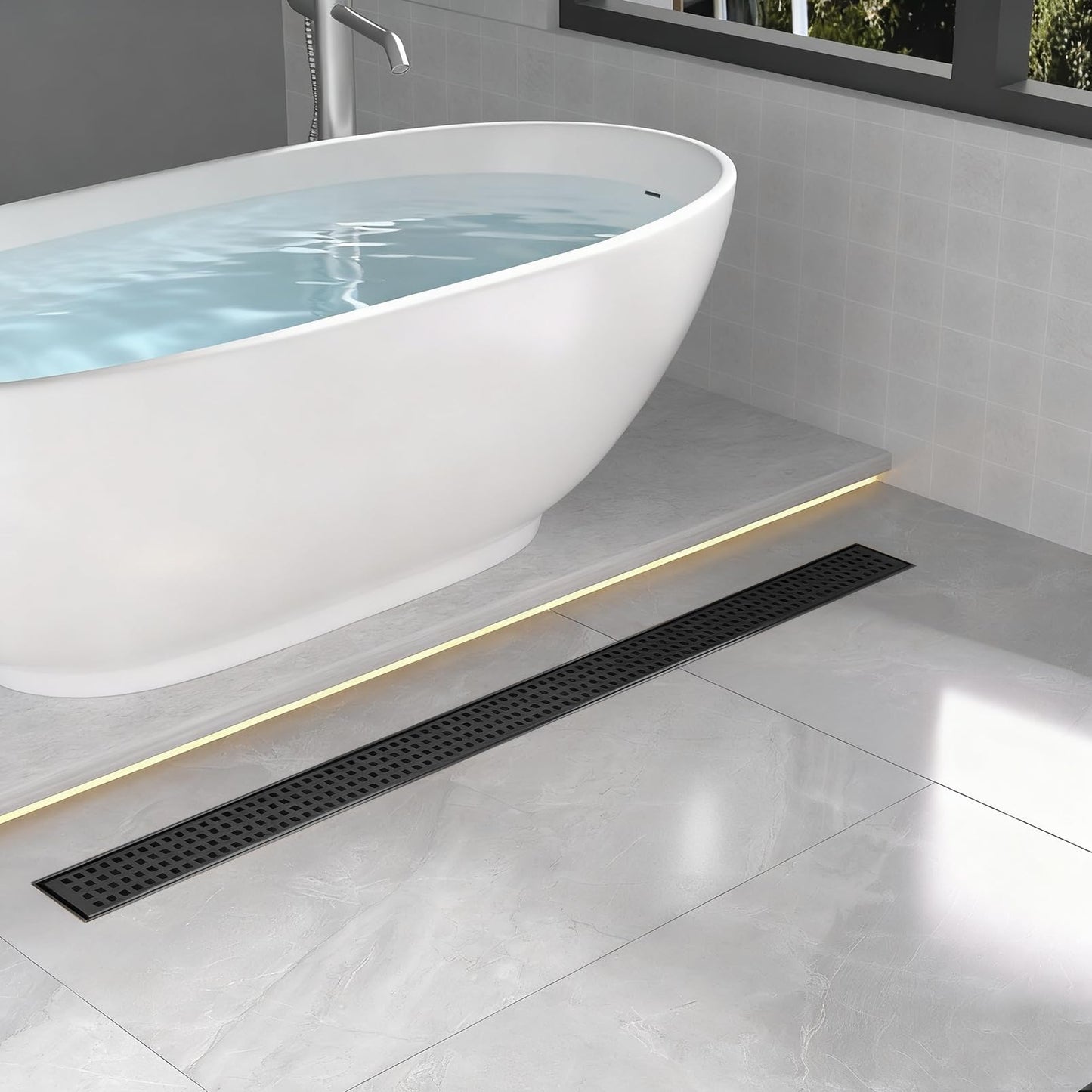 Linear Shower Drain | 48 Inch AISI 304 Stainless Steel Shower Drain, Matte Black Linear Drain with Removable Quadrato Grate Cover & Adjustable Feet, Rectangle Floor Drain, in Bathroom Balcony etc