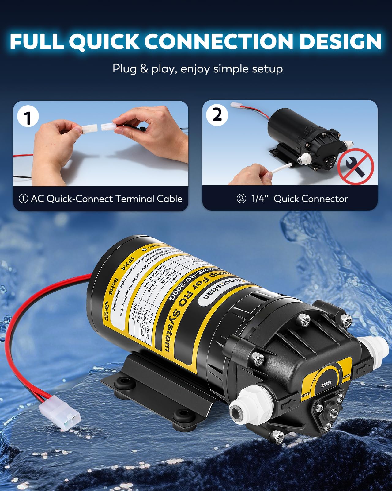 Moonshan 200GPD Booster Pump for RO System Complete Kit Suitable for Home Reverse Osmosis Water Filter System Quick-Connection Design High Pressure Switch Pressure Adjustable (8800)