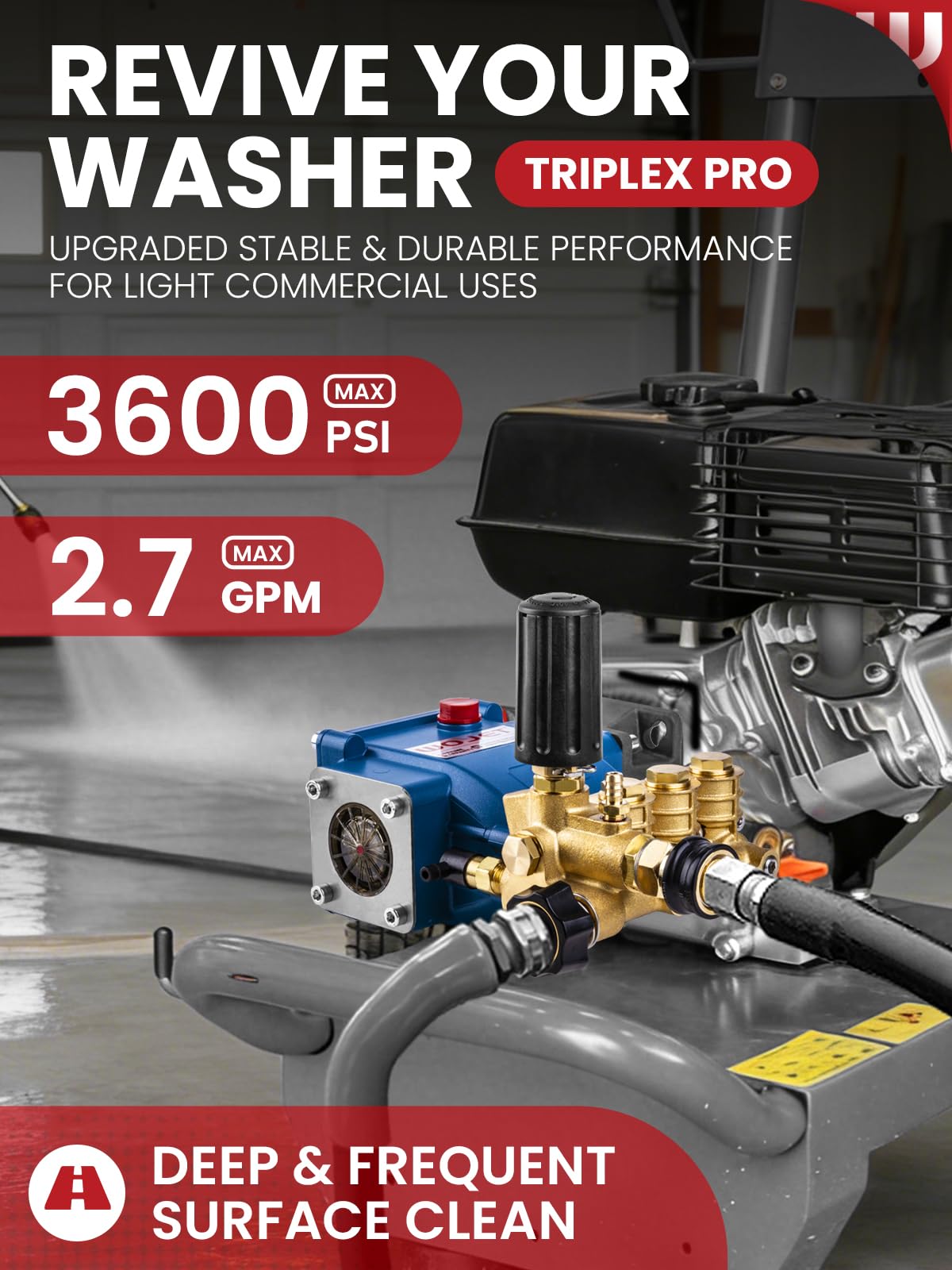 WOJET Triplex Plunger Pressure Washer Pump, 3600PSI 2.7GPM, 3/4" Shaft, Self-Priming, Horizontal Replacement Pump Kit for Honda GX160 GX190 GX200, Dewalt 3000PSI, Simpson 90037, Generac 5-7HP Engines