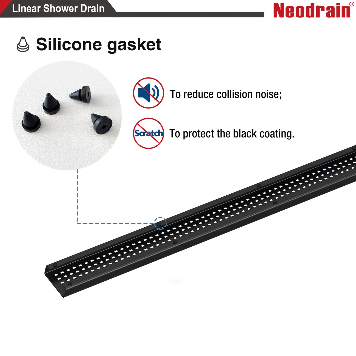 Neodrain 48-Inch Black Linear Shower Drain with Removable Quadrato Pattern Grate, heavy duty 304 Stainless Steel Rectangle Shower Floor Drain, linear drain with Leveling Feet,Hair Strainer,Matte Black