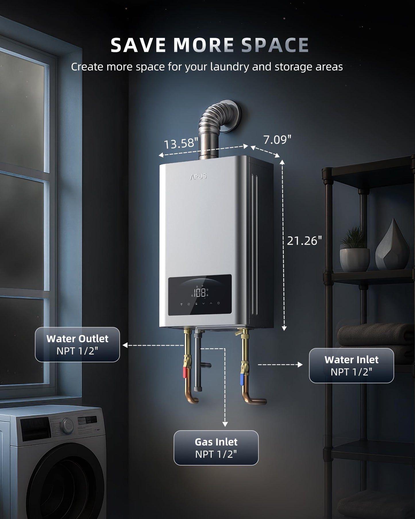 APUS Tankless Water Heater Propane, 140,000 BTU Indoor Installation Up to 6.8 GPM, Zero Cold Water Technology for Instant Hot Water on Demand, Smart Wi-Fi App Control