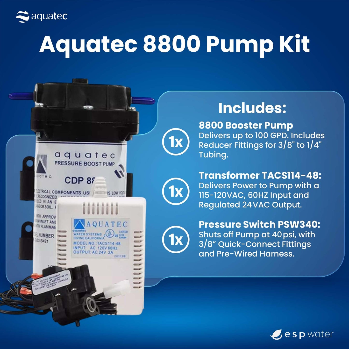 Aquatec 8800 RO Booster Pump Kit with 40 PSI Switch, 120V Transformer, 1/4 Inch QC and Fittings for 3/8 to 1/4 Tubing, Produces Up to 100 GPD for Reverse Osmosis Systems