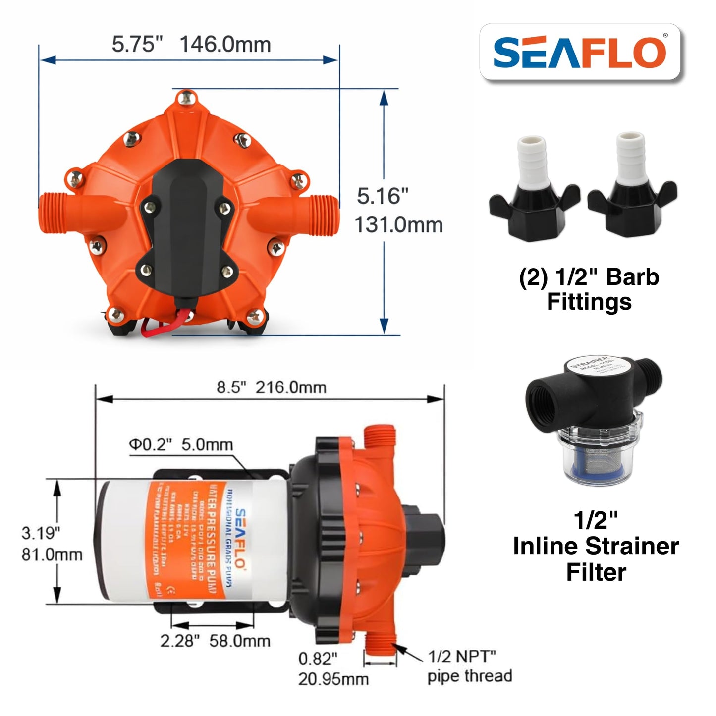 SEAFLO 55 Series 12V RV Water Pump 5.5 GPM 60 PSI Diaphragm Pump Heavy Duty Pressure Switch Built In Bypass Self Priming Quiet High Flow RV Marine Off Grid Freshwater System 4-Year Warranty