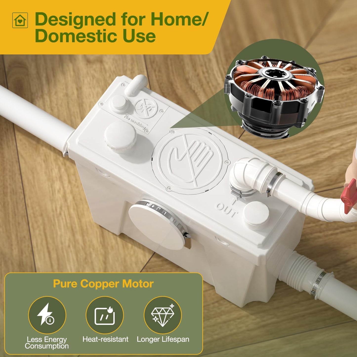 Macerator Pump for Basement Toilet System, Copper Wire Motor Grinder with 4 Water Inlets for Household/Residential Kitchen, Shower, Laundry Waste Water Disposal, 23ft Head Lifting