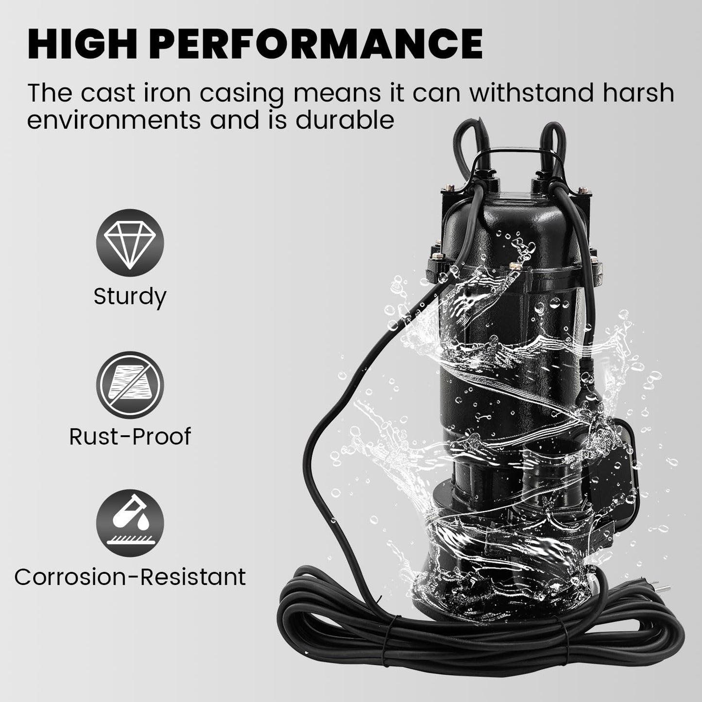 Yutmatin 2HP 110V Sewage Grinder Pump W/Blades, 6498GPH Cast Iron Effluent Pump W/ 66ft Hose and Automatic Float Switch, 1500W 2'' NPT Discharge, For Sump Basin, Basement, Residential Sewage