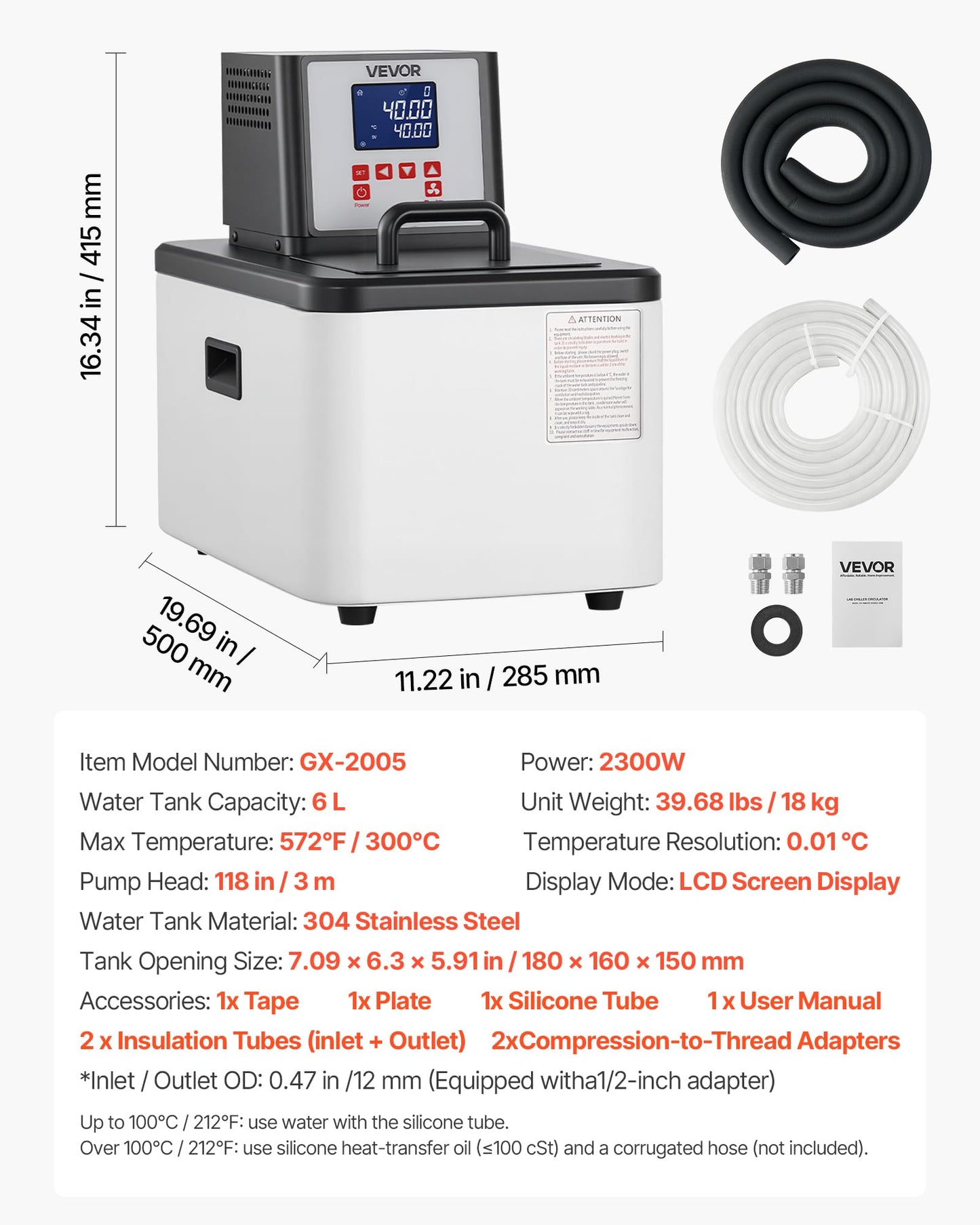 VEVOR Laboratory High-Temperature Circulating Oil Bath, Up to 300℃/572℉, 6 L Lab Constant Temperature Heating Tank, 0.1℃ High Precision, Internal and External Dual Circulation, for Laboratory