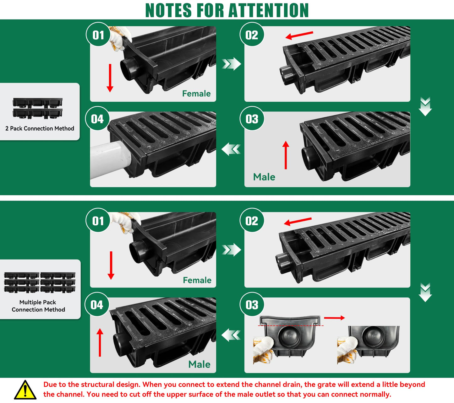 Natotela B Class Driveway Channel Drain with Ductile Iron Grate-19.7Lx5.5Wx3.9H in. Trench Drain System,6 Pack Total Length 118.2in,Heavy Duty Trench Drainage for Garage,Parking Lot,Concrete