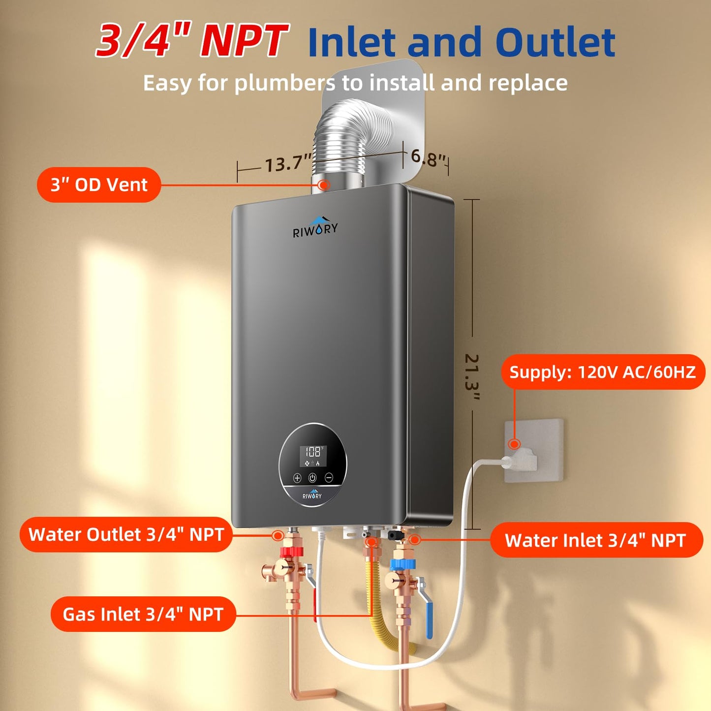 RIWORY 85000 BTU Natural Gas Tankless Water Heater, Max 3.6 GPM, Intelligent Constant Indoor Gas On Demand Water Heater with Freeze Protection, 3/4" NPT, for 2-3 Water Points