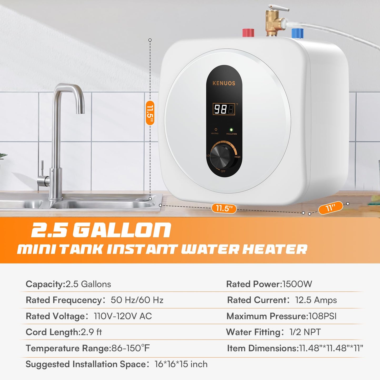KENUOS Under Sink Instant Hot Water Heater,2.5 Gallon Mini Tank Water Heaters with LED Display,1500W 120V Small Water Heater 1/2" NPT for RV,Kitchen,Compact Design with T&P Valve,3-Way Fitting Valve