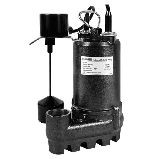 WASSERMANN 1/2HP 3600GPH Cast Iron Submersible Sump Pump with Vertical Float Switch,1-1/2"NPT Discharge Sewage Pump with 10FT Cord for Basement, Sump Basin, Sewage Well