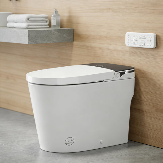 ADA Smart Toilet with Bidet, Auto Open Close Lid, Auto Flush, Heated Seat, Instant Warm Water Wash, Warm Air Dryer, Foot Sensor Flush, Low Pressure Tank Pump, Remote, Black Display