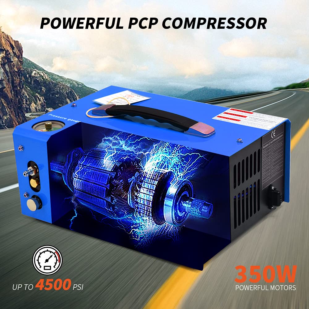 TOAUTO A2 PCP Air Compressor, Auto-Stop, Portable 4500Psi/30Mpa, Oil/Water-Free, 8MM Quick-Connector HPA Compressor for Paintball/PCP Air Rifle/Scuba Tank, Powered by Home 110V AC or 12V Car DC（Blue）