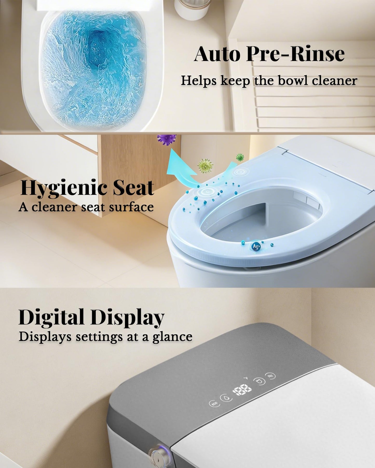 EchosLife Smart Toilet with Bidet Built In, Auto Open/Close Lid & Seat, Microwave Sensor, Auto Flush, ADA Comfort Height One Piece Elongated Toilet with Tank, Heated Seat, Warm Water & Air Dryer