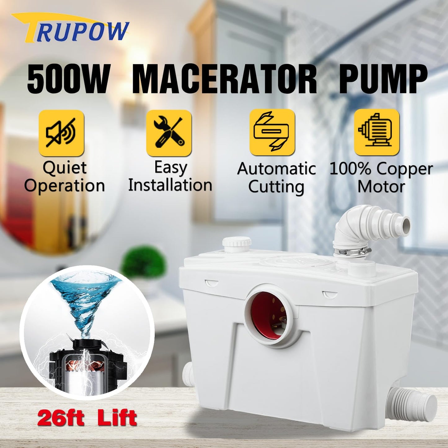 Trupow 500W 110V Macerator Sewerage Pump with 4 Water Inlets for Upflush Toilet System Waste Water Marine Toilet Bathroom Disposal Laundry