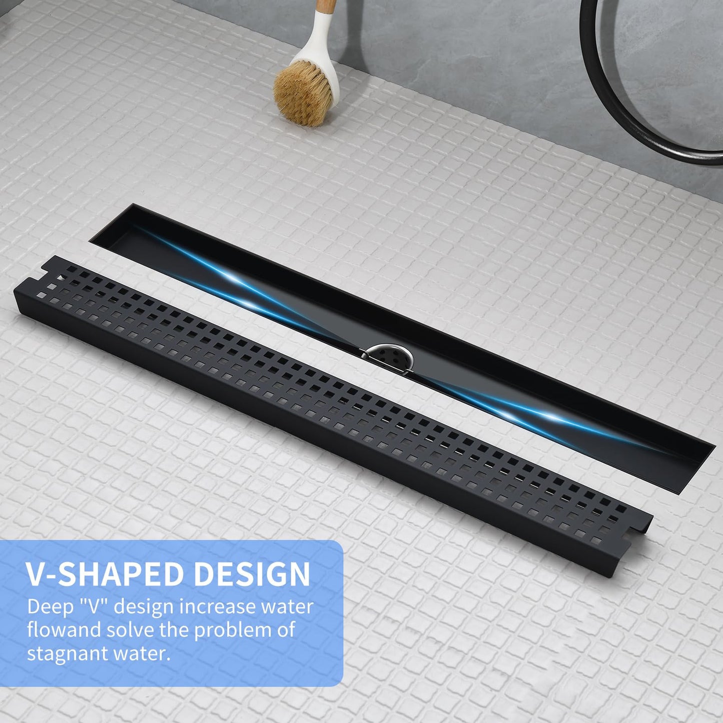 48 Inch Linear Shower Drain - Matte Black 304 Stainless Steel Rectangular Floor Drain with Adjustable Leveling Feet, Hair Strainer and Removable Grate