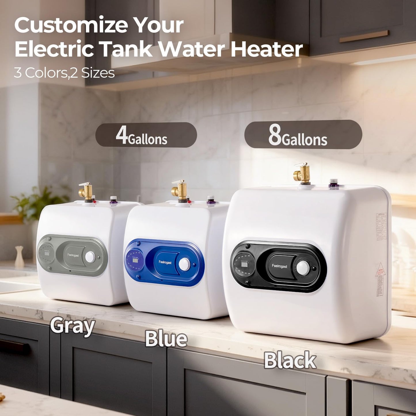 Electric Tank Water Heater, 4-Gallon Under Sink Instant Hot Water Tank，Equipped with Digital Temperature Display for RV, Camper, Kitchen, Food Truck，Wall or Floor Mounted, Blue