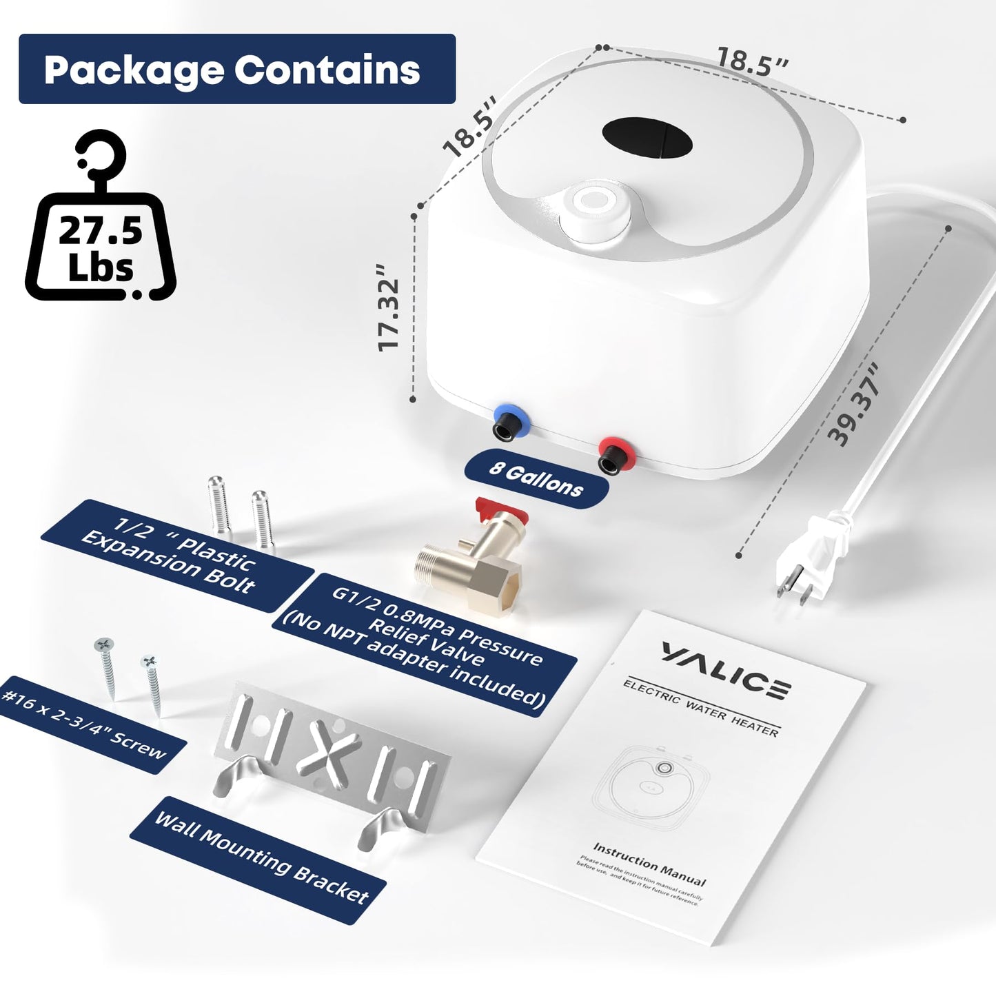 YALICE Electric Tank Water Heater, 8 Gallons Under Sink Instant Hot Water Heaters, 1500W, 110-120V, Electric Mini Tank Water Heater Compact Design for RV, Kitchen, Food Truck, Wall or Floor Mounted