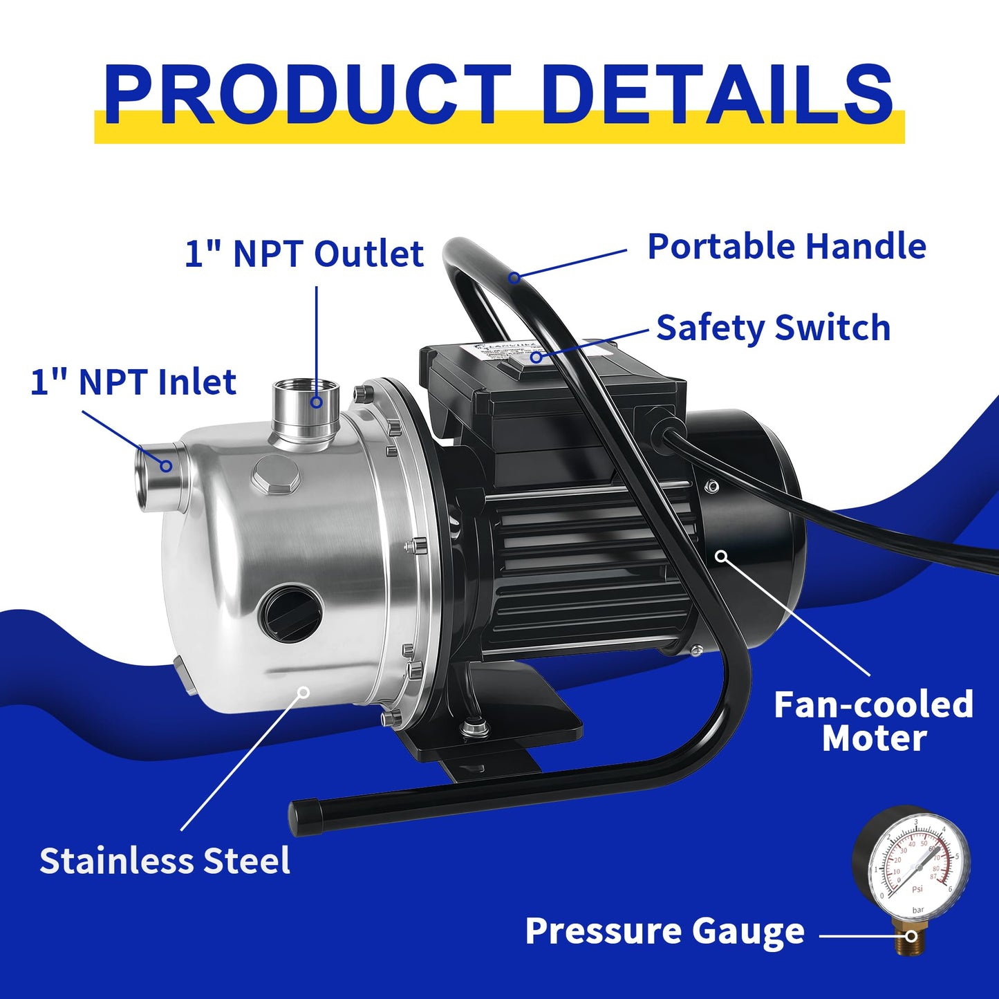 LANCHEZ Shallow Well Pump, Stainless Steel Water Transfer Pump, 115V Garden Irrigation Pump, Water Booster Jet Pump for Home Garden Lawn Farm, Silver
