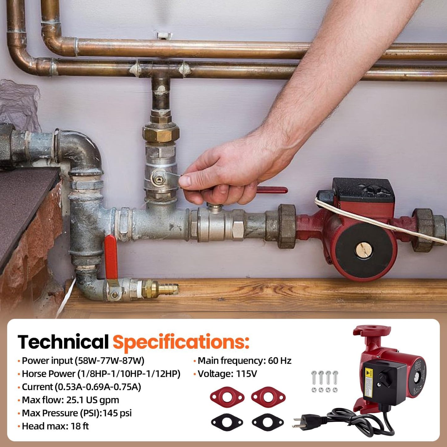Talspity UPS15-55SFC Stainless Steel Water Circulator Pump 59896773, 3-Speed 1/12HP 115V 60Hz High-Efficiency Water Recirculating Pump for Hydronic, Radiant Floor & Domestic Hot Water Systems
