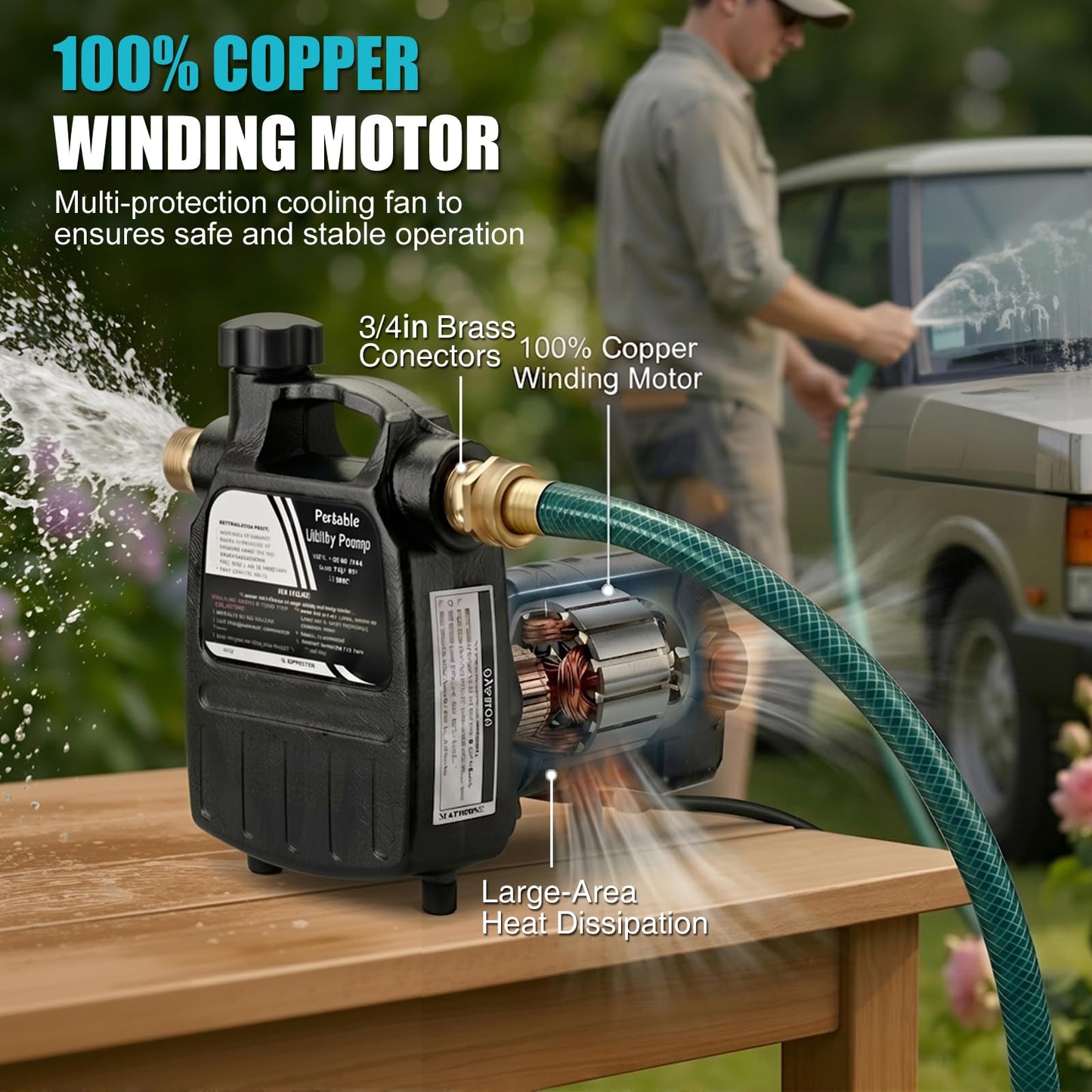 TOPWAY Cast Iron Water Transfer Pump, 115V 1/2HP 1500 GPH Portable High Pressure Electric Utility Water Pump with ON/OFF Switch, for Garden, Rain Barrel, Pool, Pond, Hot Tub, Aquarium Draining