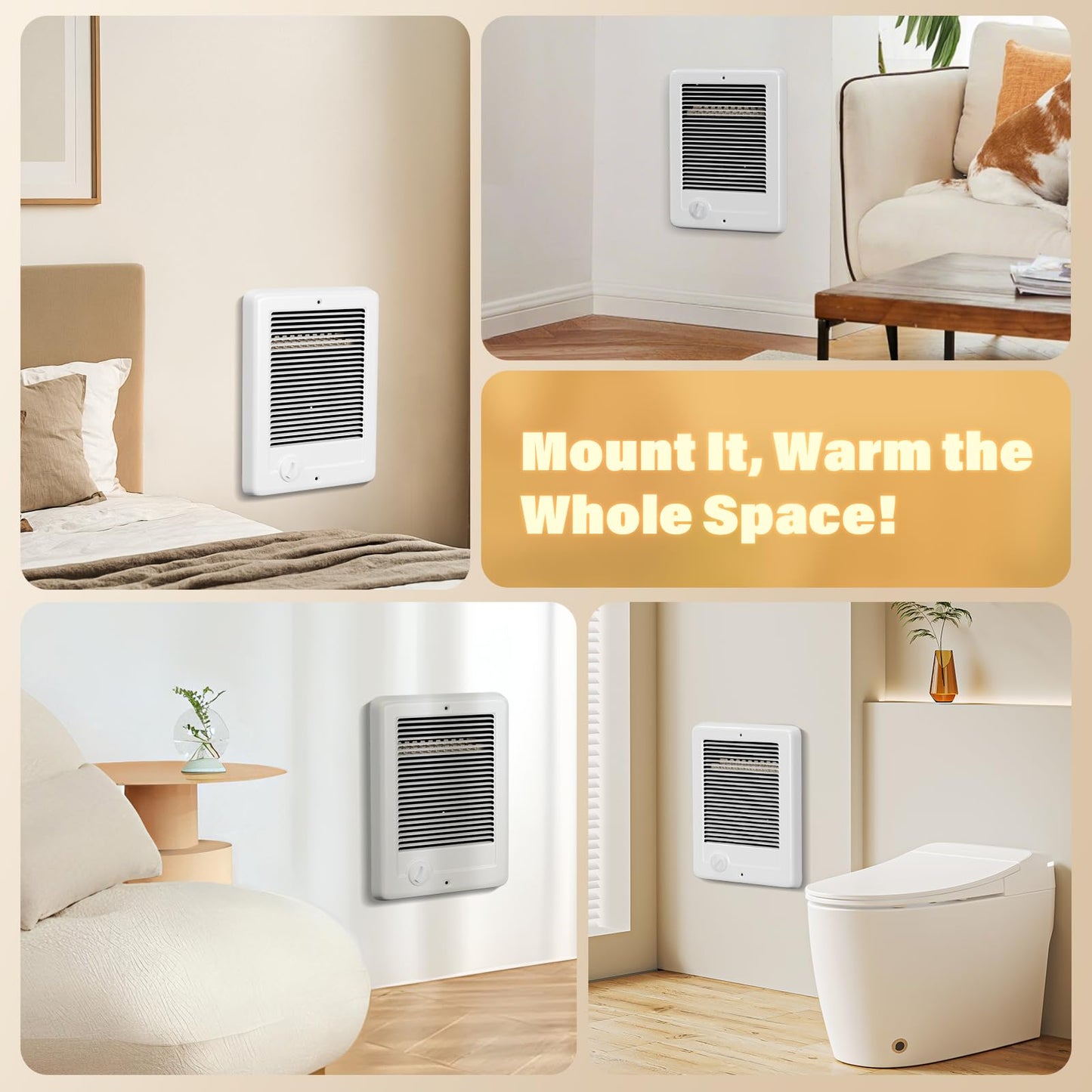 CSC152TW Electric Wall Heater with Thermostat (Part 67506) – 1500/1125W 240/208V 5120/3840 BTU, Dual-Power Recessed Heater with Quiet Fan, White for Medium/Large Spaces