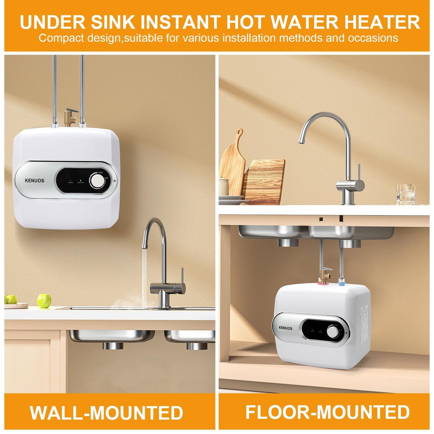 KENUOS 4 Gallon Water Heater Under Sink Instant Hot Water Heaters 1500W 110V 120V Mini Tank Water Heater with T&P Vavle 1/2" NPT for Kitchen,Bathroom,Camper,RV,Grey