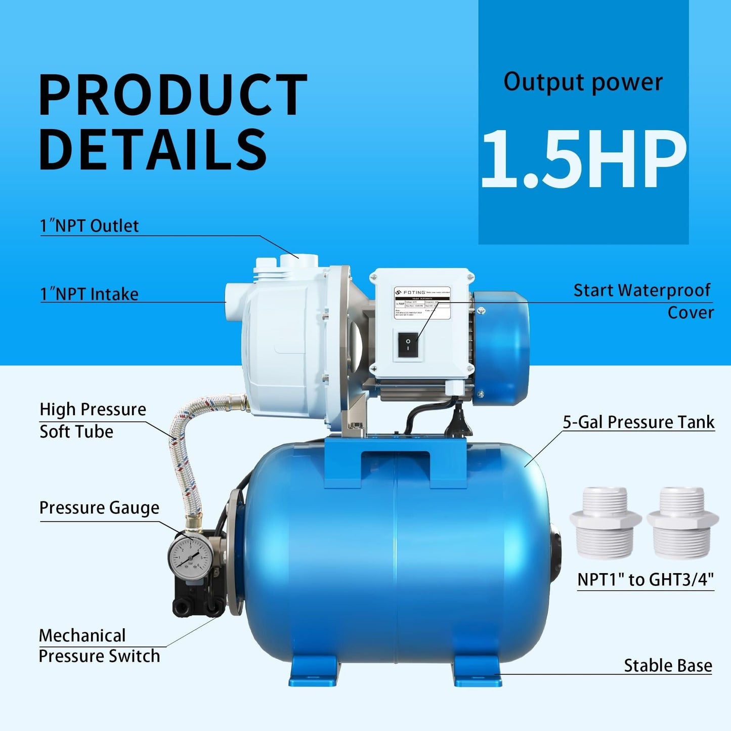 FOTING 1.5HP Shallow Well Pump with Pressure Tank, 1340GPH Automatic Irrigation Water Booster Jet Pump, Water Pumps Booster System 164FT 115V for Home Garden Lawn Farm, Blue