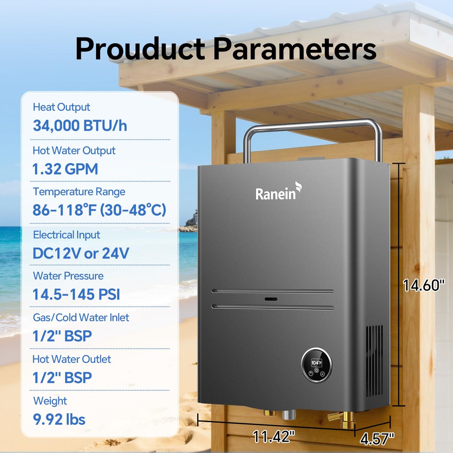 Ranein Portable Propane Tankless Water Heater 34,000 BTU 1.32 GPM with Thermostatic Control and Chain for Camping RV Outdoor Shower