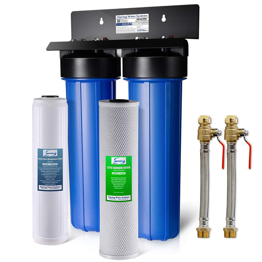 iSpring WGB22B-PB+AHPF12MNPT16X2 2-Stage Whole House Water Filtration System with 20” x 4.5” Carbon Block and Lead Reducing Filters and 3/4" Push-fit Stainless Steel Hose Connectors, Blue