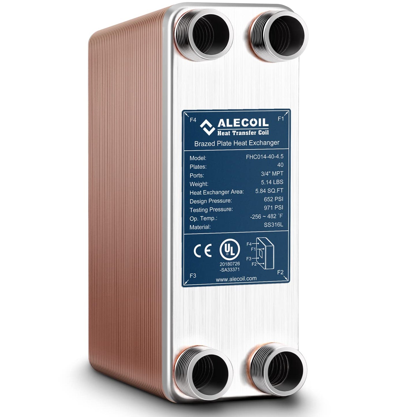 3"x8"-40 Plates Heat Exchanger with 3/4" MPT Port Water to Water 316L Stainless Steel Brazed Plate Heat Exchanger for Water Heating, Floor Heating, Industrial and Commercial Refrigeration