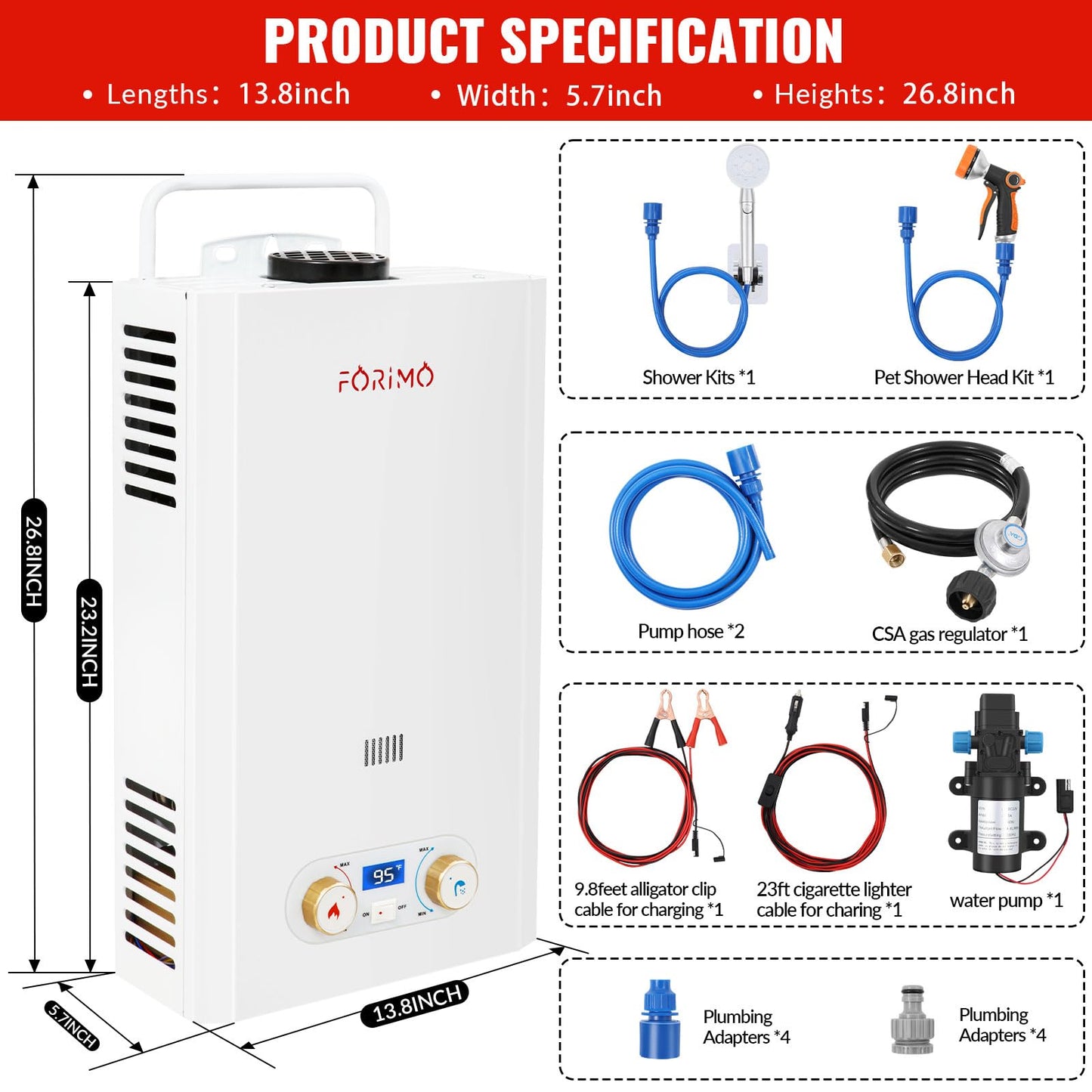 Tankless Water Heater Propane,3.18GPM 12L Outdoor Portable water heater,with 2 GPM Water Pump, with Digital Display Multi-Protection for Camping Trips