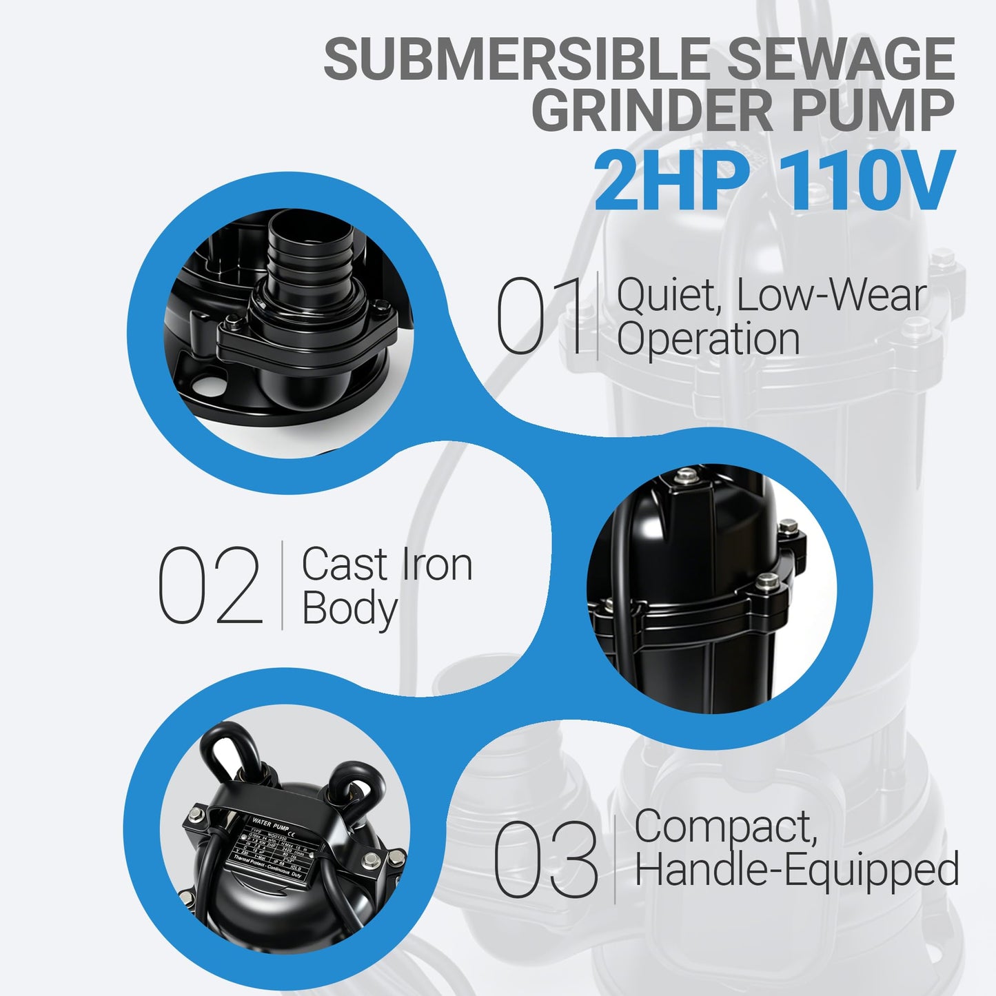 2HP 110V Submersible Sewage Grinder Pump W/Blades Cast Iron Effluent Pump w/Auto Float Switch and 66ft Hose for Basement Sump Basin and Sewage Well, 2'' NPT Discharge