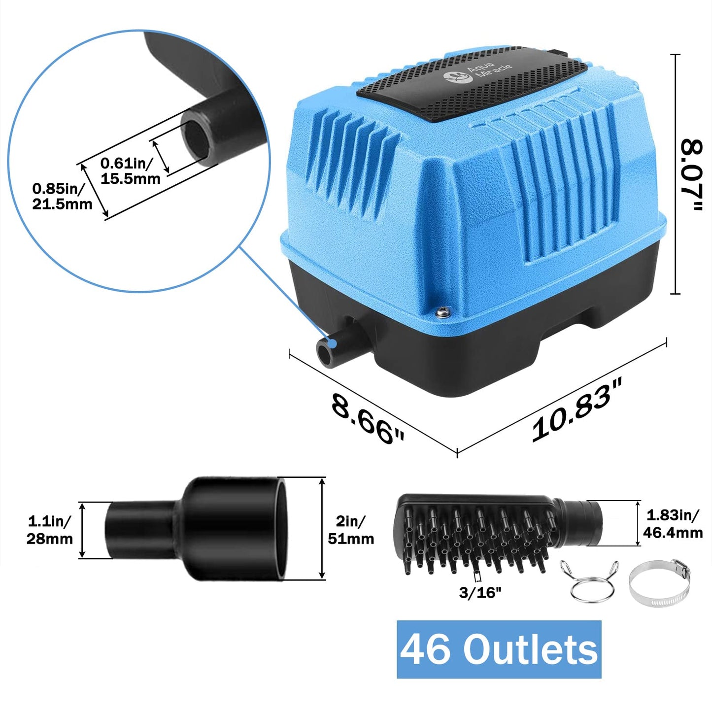 AquaMiracle Linear Air Pump AP160 for Pond Aeration, 2550GPH Septic Air Pump Pond Aerators for Outdoor Ponds, Hydroponic, Waste Treatment, Aquarium, Fish Farm, Seafood Restaurant