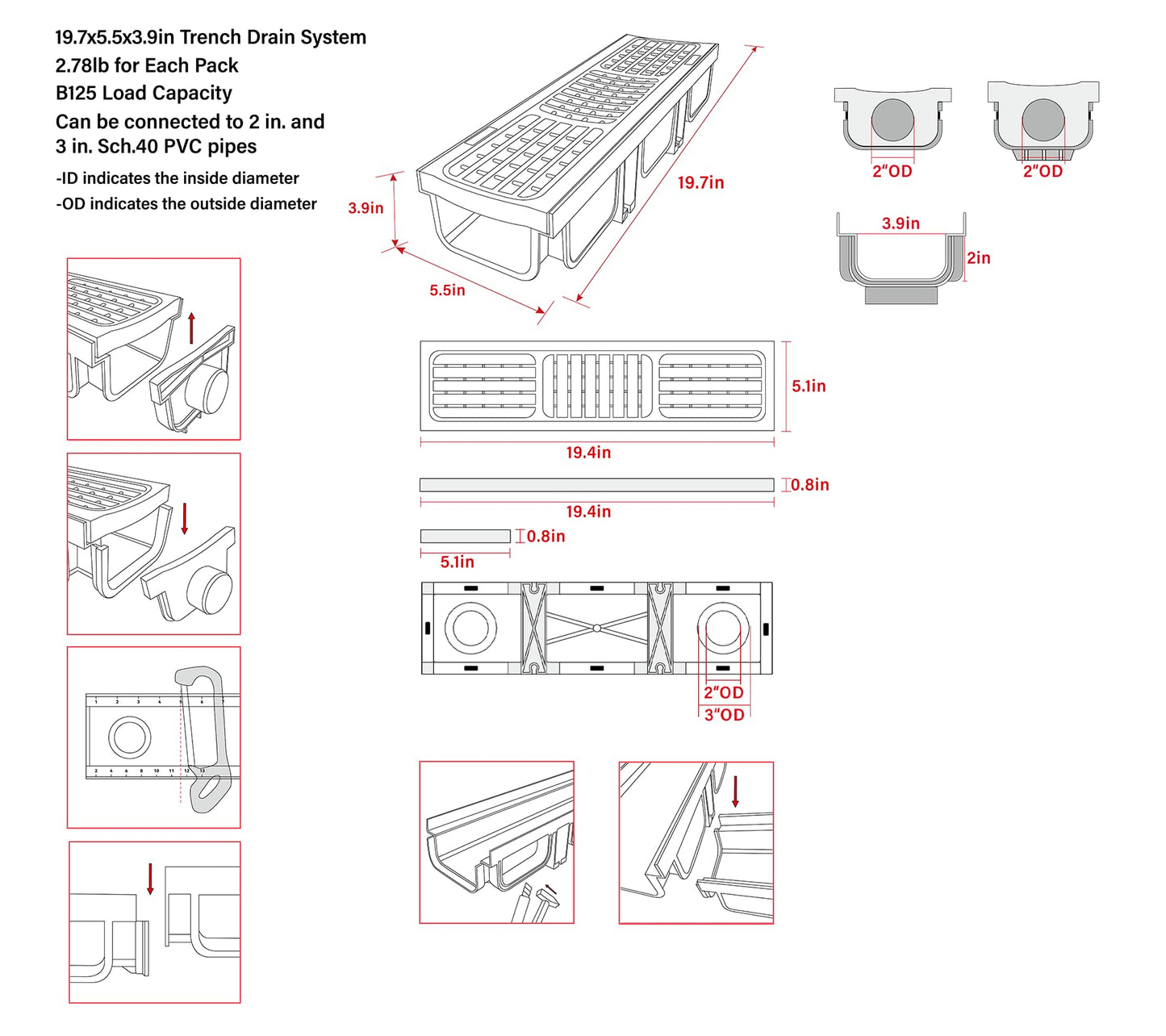 Natotela B Class Driveway Channel Drain with HDPE Grate-19.7Lx5.5Wx3.9H in. Shallow Profile Trench Drain System,12 Pack Total Length 236.22in,Heavy Duty Trench Drain for Garage,Parking Lot,Concrete