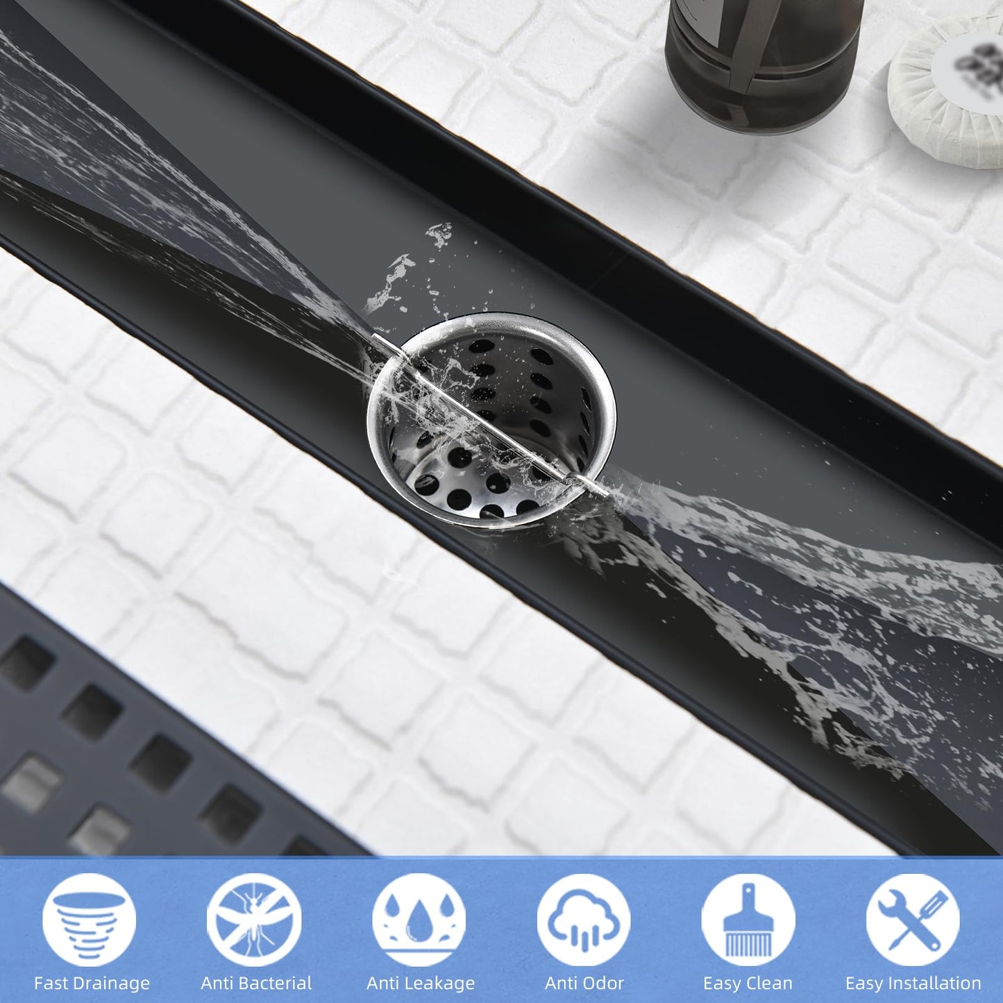 48 Inch Linear Shower Drain - Matte Black 304 Stainless Steel Rectangular Floor Drain with Adjustable Leveling Feet, Hair Strainer and Removable Grate