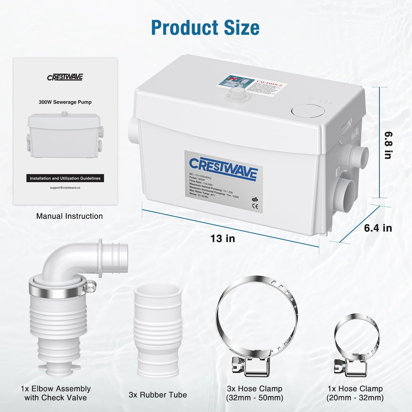 CrestWave Powerful 300W Sink Pump, 23ft Head, 110LPM Flow with 3 Water Inlets - Ideal for Basement, Kitchen, Sink, Shower, Bathtub, Laundry, Waste Water, Boats, RV, Home, Off-Grid Sewage Systems