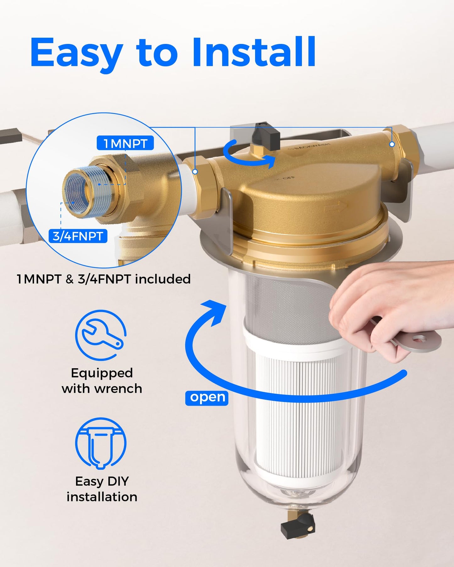 Waterdrop Mega Spin Down Sediment Filter, Reusable Whole House Water Filter System with Larger Capacity, 2 in 1 Dual 100+5 Micron Filtration, Anti-Clogging, 1" MNPT + 3/4" FNPT, BPA Free
