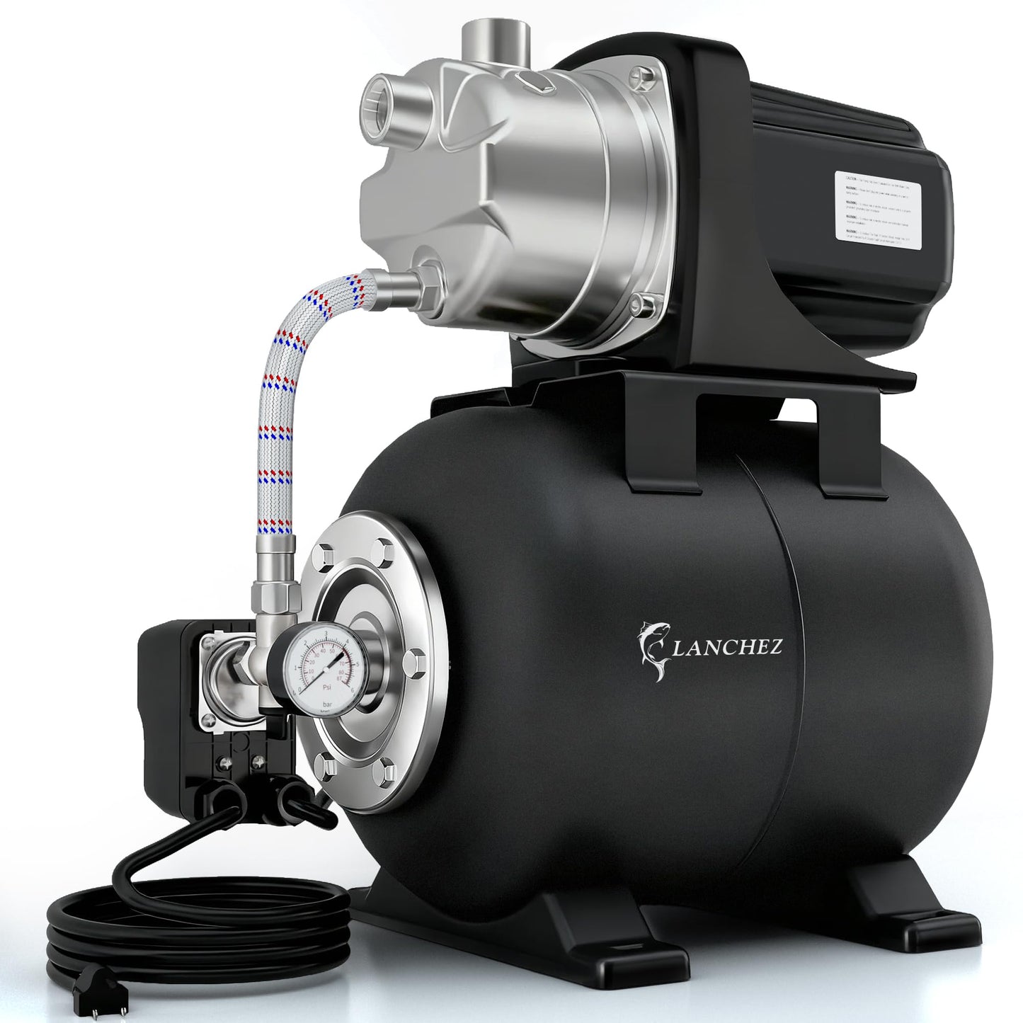 LANCHEZ Shallow Well Pump, Stainless Steel Water Transfer Pump, 115V Garden Irrigation Pump, Water Booster Jet Pump for Home Garden Lawn Farm, Matte black