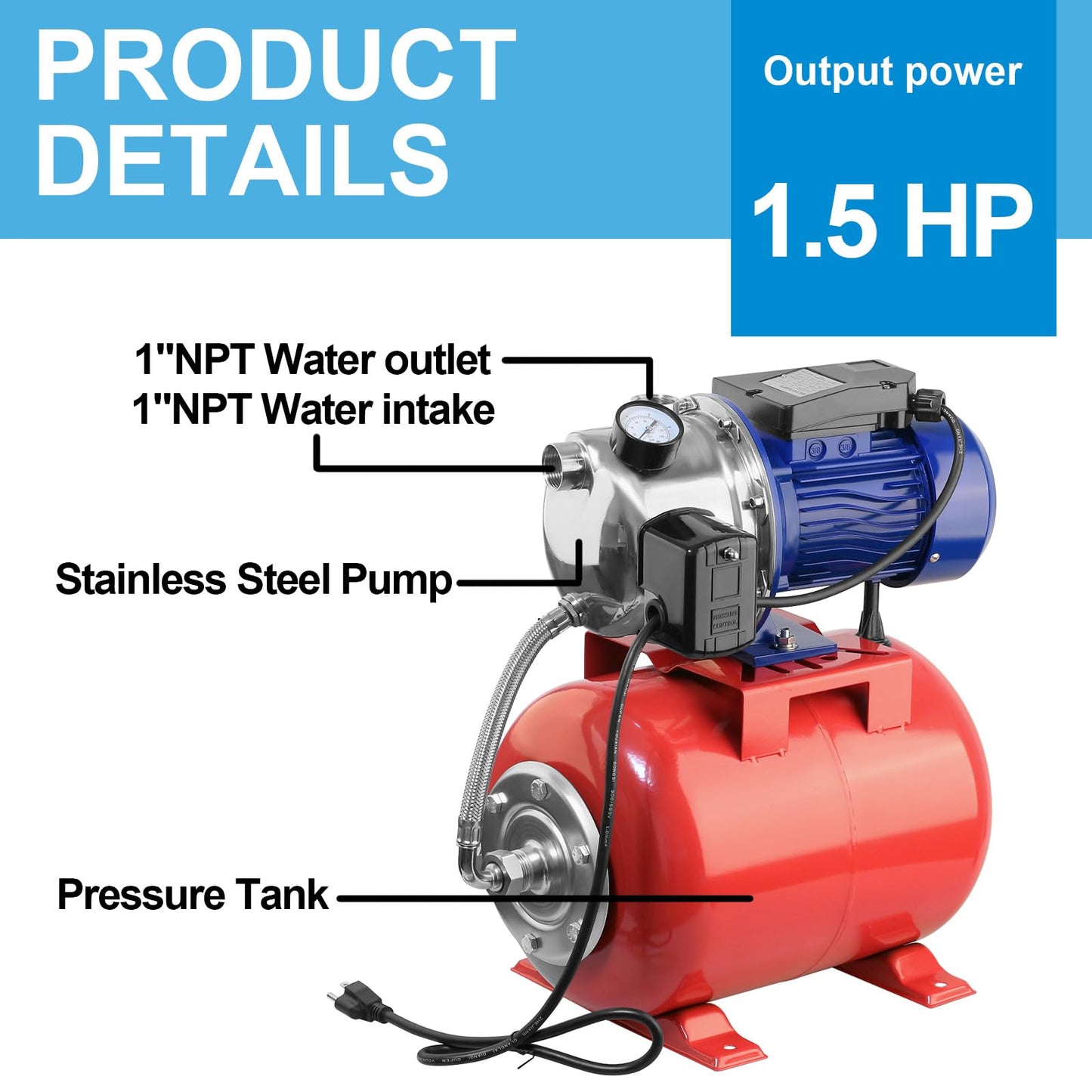 Rioflybee 1.5 HP Shallow Well Pump with Pressure Tank, 1320 GPH 115V Water Transfer Household Draining Irrigation Pumps, Automatic Water Booster Jet Pump Garden Pump for Home Garden Lawn Farm