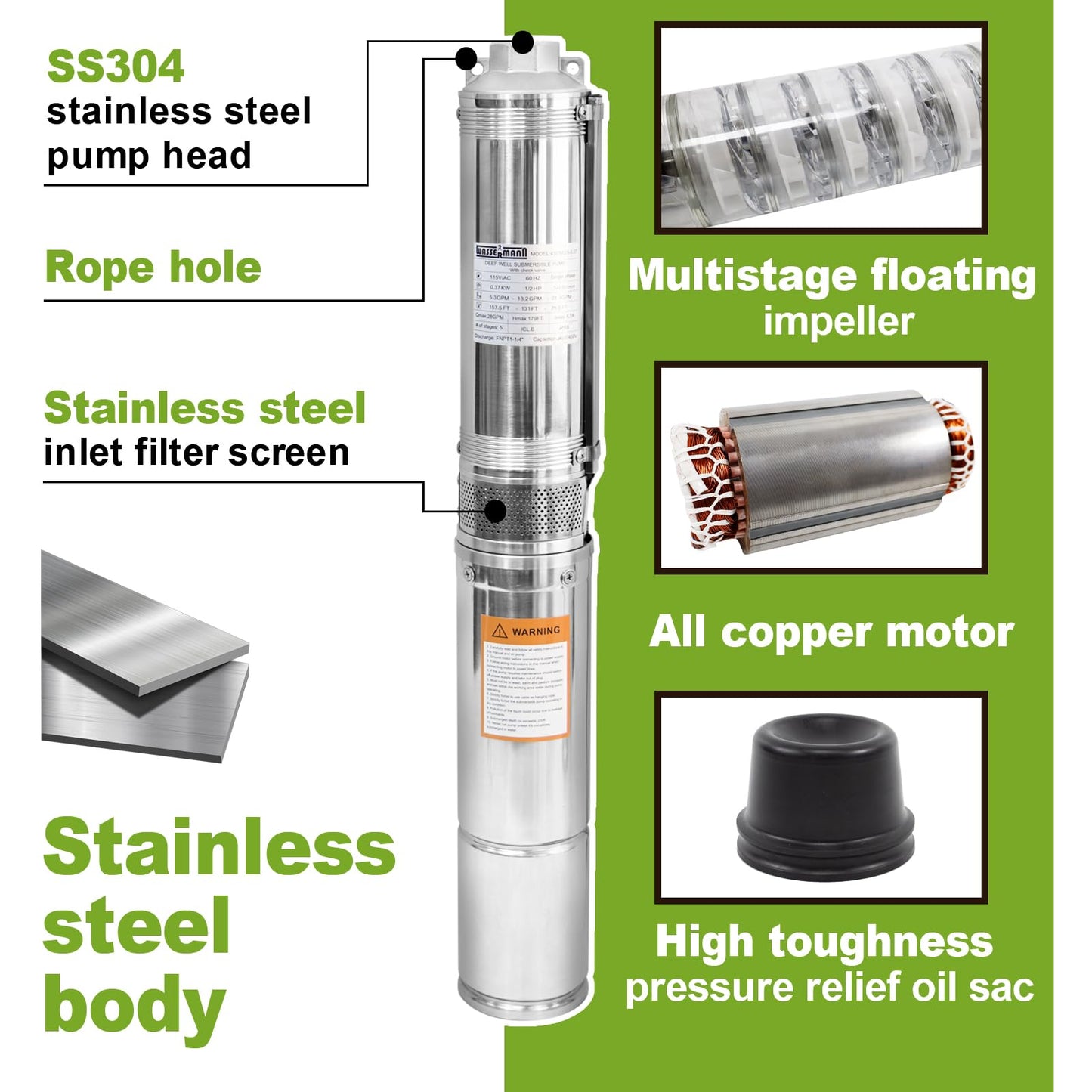 WASSERMANN 4" Deep Well Pump Submersible Well Pump with 10FT Cable,1/2HP,115V/60Hz,28GPM,179FT Head,Stainless Steel Submersible Borehole Well Water Pump for Home Farmland Irrigation and Factories