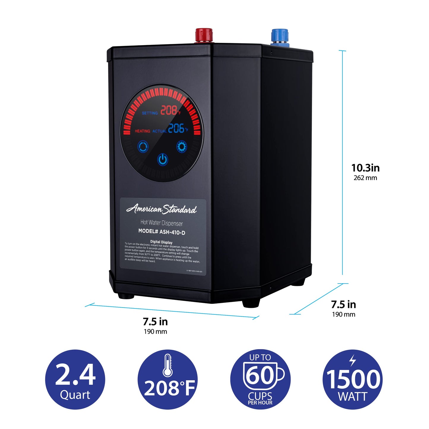 American Standard ASH-410 Digital Hot Water Dispenser, Includes Polished Chrome Dual Handle Faucet 1500 Watts, 110v