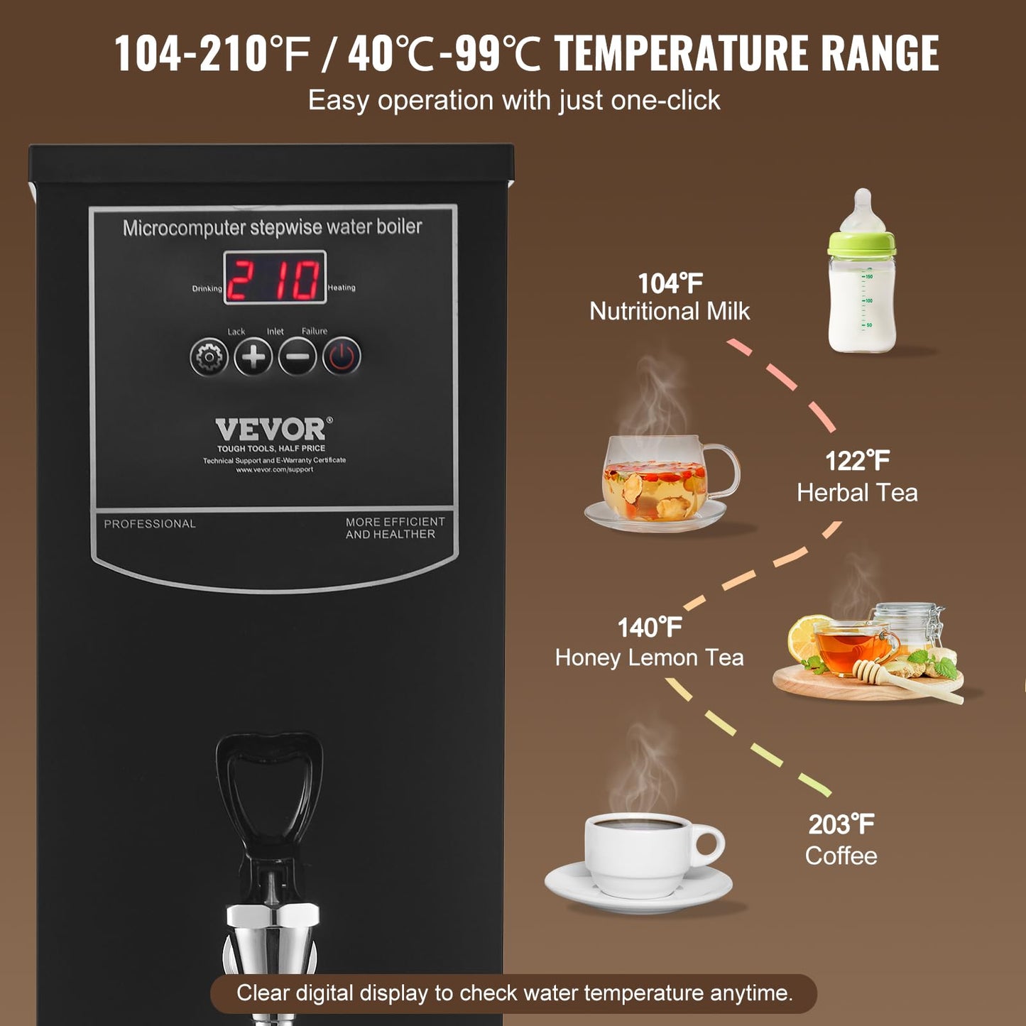 VEVOR Commercial Water Boiler, 15L Electric Hot Water Dispenser with 316 Stainless Steel Heating Tube, 1500W Step-by-step Fast Heating 50L/H Hot Water Boiler, for Coffee Tea Restaurant Office