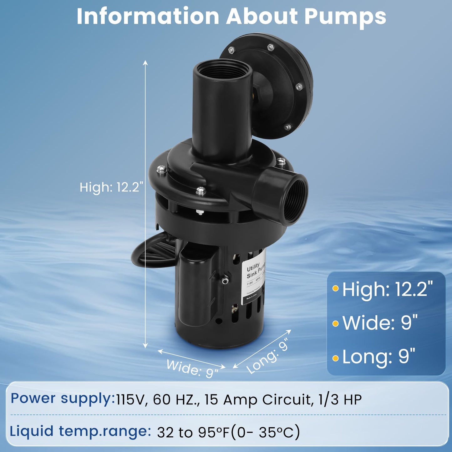 Automatic Utility Sink Pump Installed Directly Under Sink Gravity-free Drainage Heavy-Duty Thermoplastic 115V Includes Drain Screen Check Valve & Ball Valve