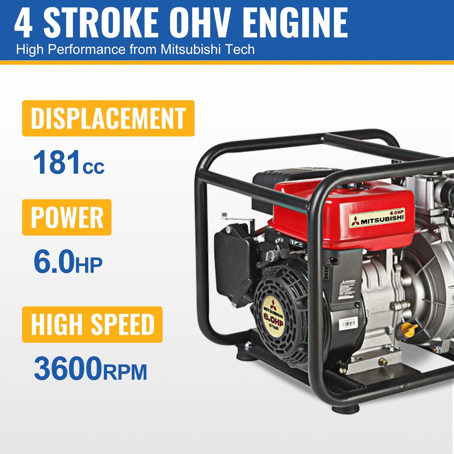 TOOLCY Trash Pump 2 inch with 6HP 181cc 132GPM 4-Cycle Gasoline Engine, Gas Powered Water Triple Outlet (2"/1.5"), Commercial Water Transfer Pump for Long-Distance Irrigation & Sprinkler Systems