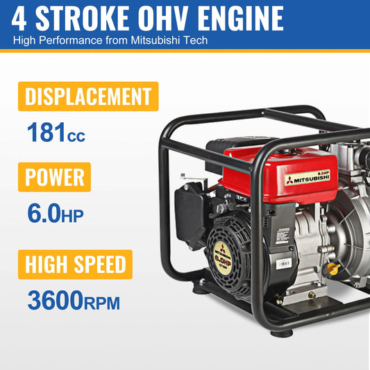 TOOLCY Trash Pump 2 inch with 6HP 181cc 132GPM 4-Cycle Gasoline Engine, Gas Powered Water Triple Outlet (2"/1.5"), Commercial Water Transfer Pump for Long-Distance Irrigation & Sprinkler Systems