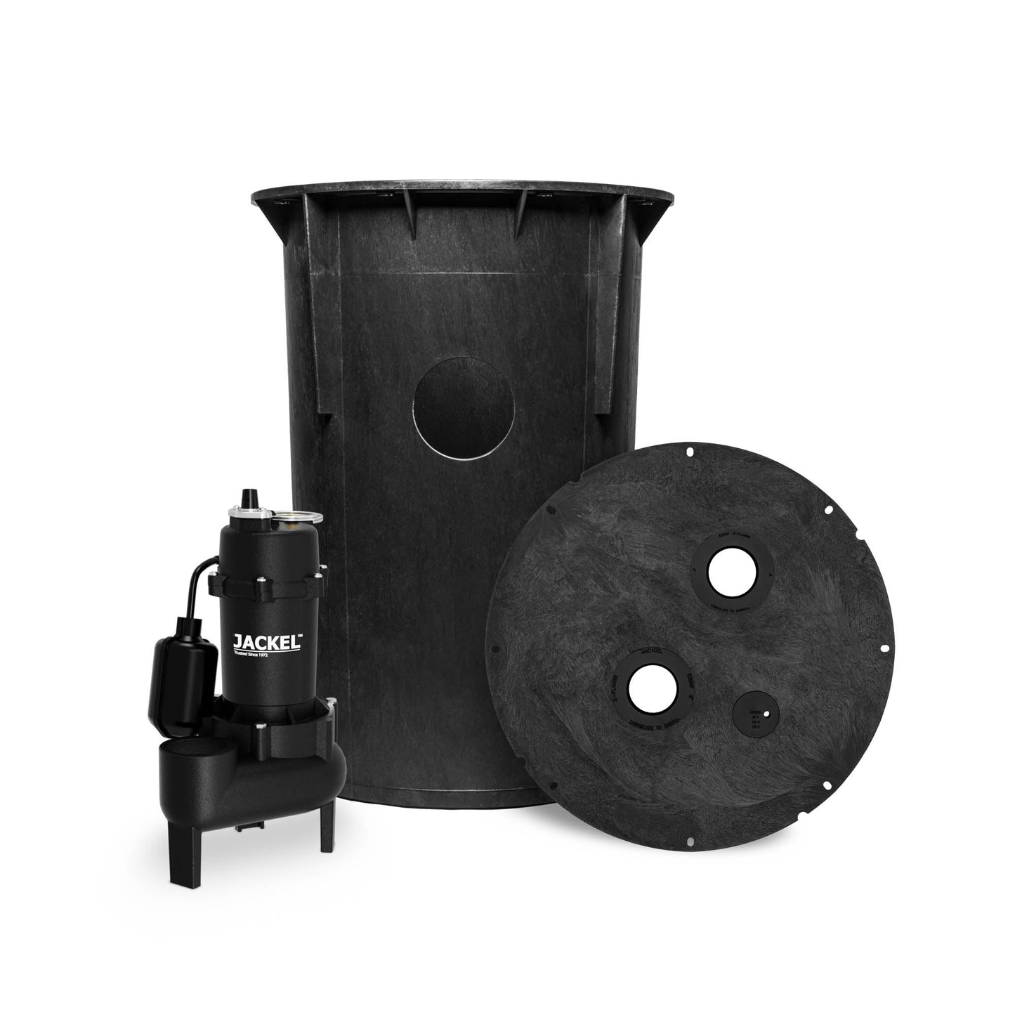 JACKEL Sewage Pump System, 1/2 HP, 108 GPM, 2" Discharge, Tethered Float Switch, 30 Gallon Basin, Gas Tight Cover