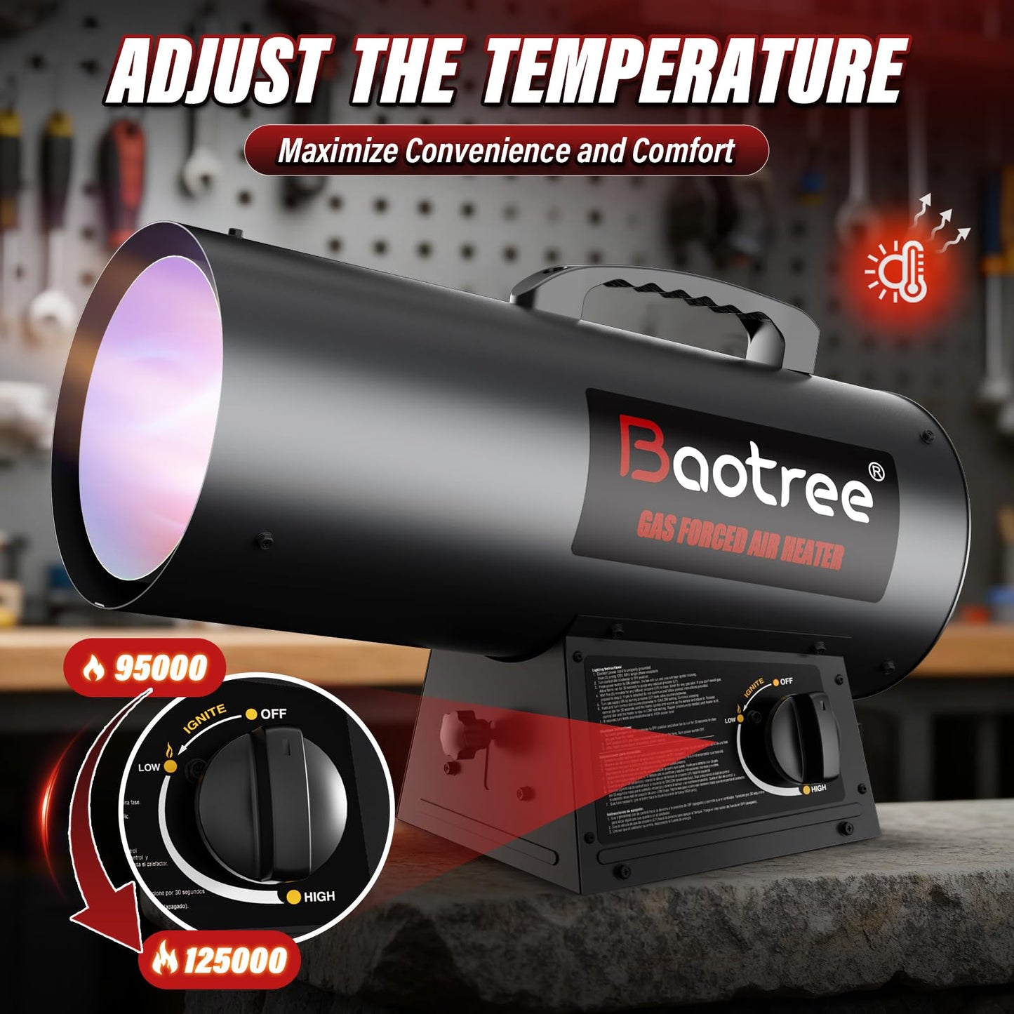 Baotree 12,500 BTU Forced Air Propane Heater, 10 ft Hose with Regulator Included,Portable Space Heater for Garage, Adjustable Liquid Propane for Shop, Jobsite, Construction Sites